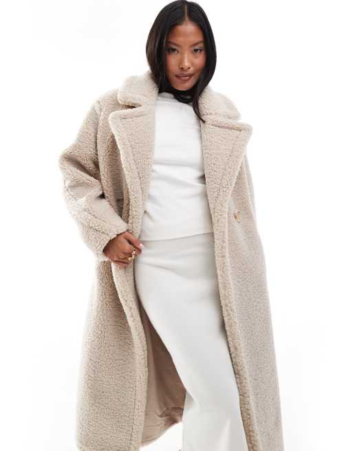 Forever New Petite - Maxi jas van teddystof in beige, 4 van 4