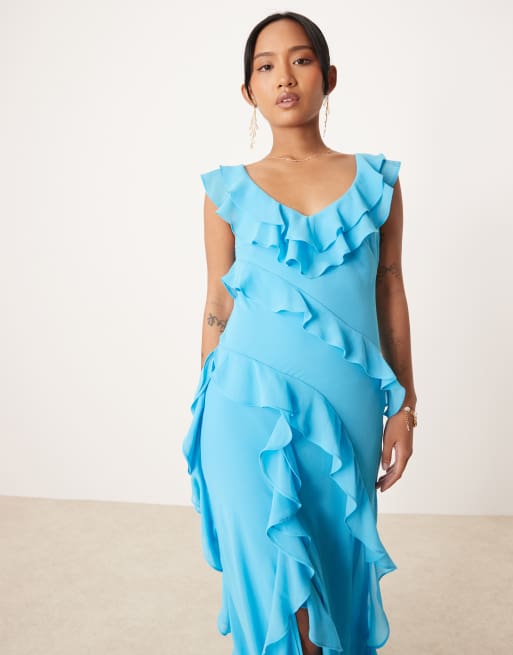 Forever New Petite - Maxi jurk met ruches in azuurblauw, 2 van 4