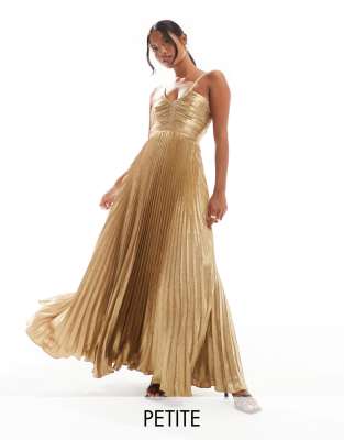 Forever New Petite - Maxikleid aus plissiertem Metallic-Stoff in Gold-Goldfarben