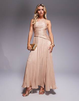 Forever New Petite - Maxikleid in Metallic-Gold mit One-Shoulder-Träger und tiefem Saum-Goldfarben