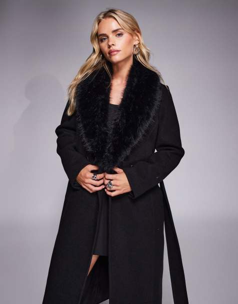 Forever New Petite – Maximantel in Schwarz mit Kunstpelzkragen - view 1