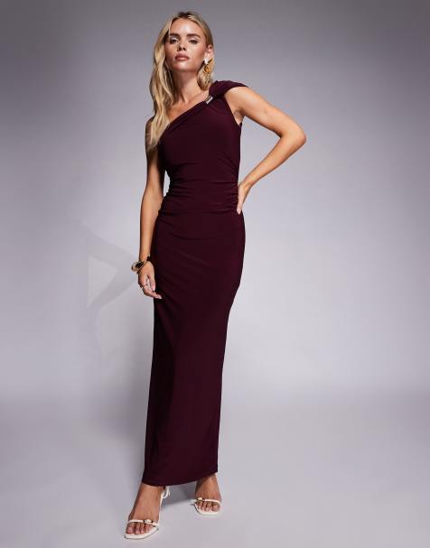 Forever New Petite mesh one shoulder hardware detail maxi dress in deep wine - view 1