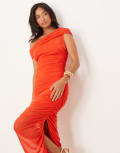 [Forever New Petite] Forever New Petite mesh ruched asymmetrical midaxi dress in deep red 16 Flame Scarlet