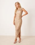 [Forever New Petite] Forever New Petite mesh ruched asymmetrical midaxi dress in gold 14 Gold