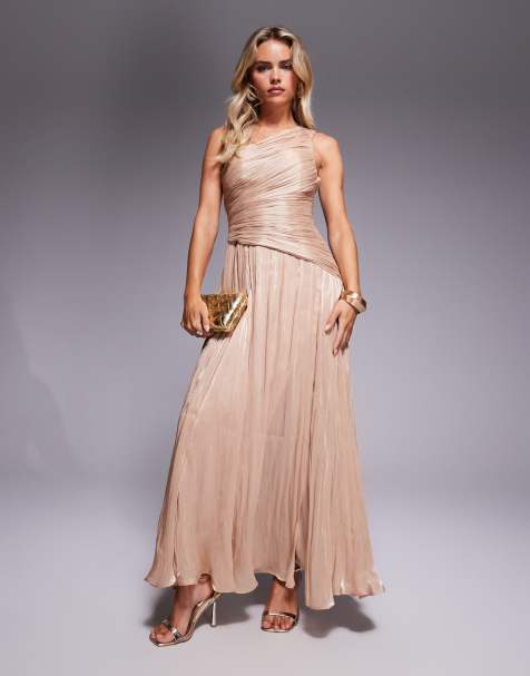 Forever New Petite metallic one shoulder drop hem maxi dress in gold