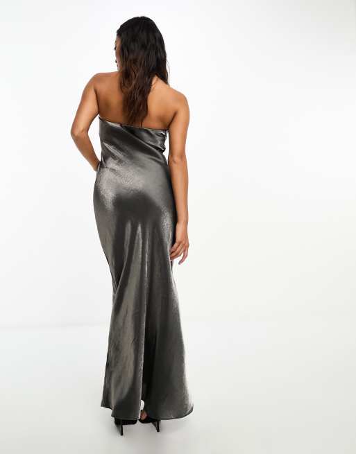 Forever New Petite metallic strapless satin maxi dress in gunmetal