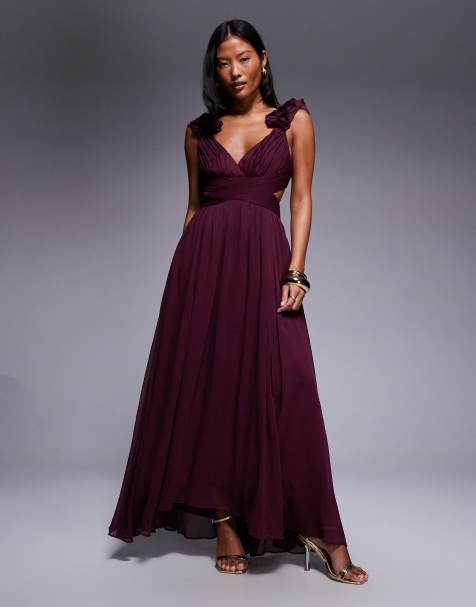 Forever New Petite – Midaxikleid in Port mit gerüschter Schulterpartie - view 1
