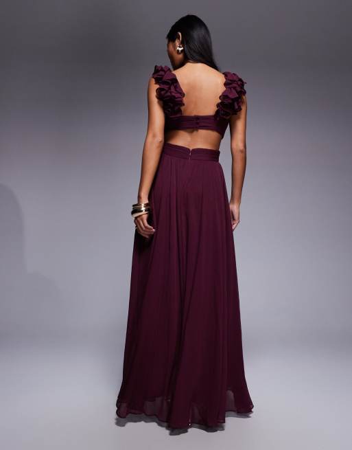 Forever New Petite – Midaxikleid in Port mit gerüschter Schulterpartie, 2 von 4