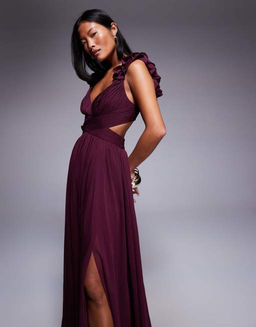 Forever New Petite – Midaxikleid in Port mit gerüschter Schulterpartie, 4 von 4