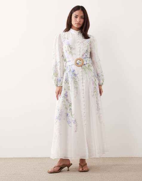 Forever New Petite - Midi jurk met ballonmouwen, knoopsluiting, riem en bloemenprint in wit - view 1