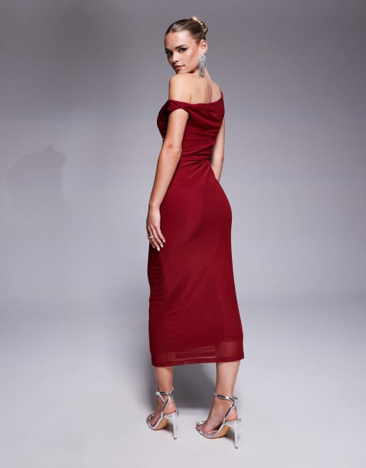Forever New Petite - Midi jurk met blote schouder in wijnrood, 2 van 4