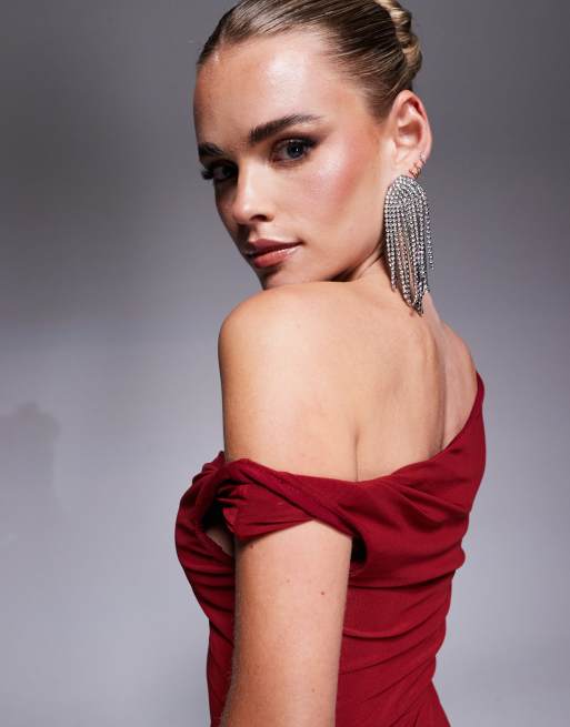 Forever New Petite - Midi jurk met blote schouder in wijnrood, 3 van 4