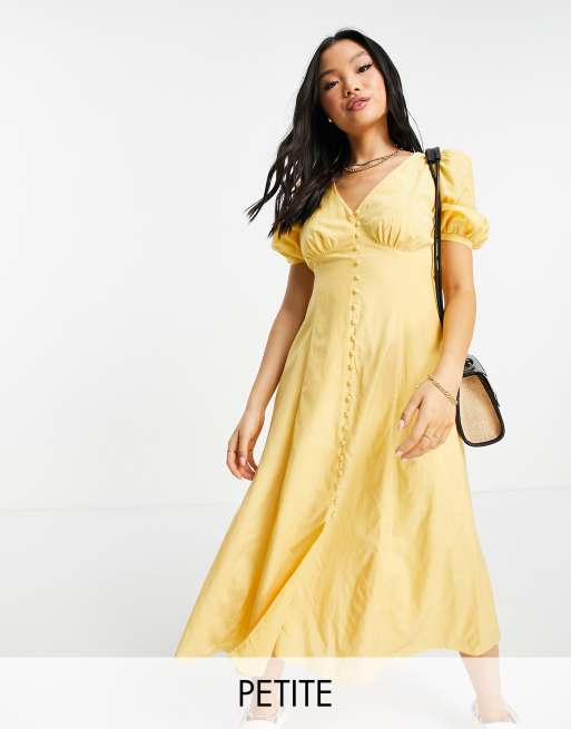 Forever New Petite - Midi jurk met pofmouwen en knopen in geel
