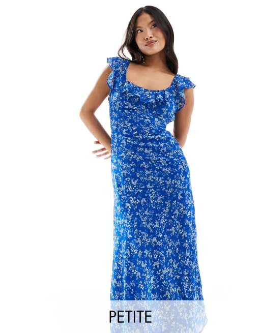 Forever New Petite - Midi jurk met ruches aan de mouwen in fijne blauwe bloemenprint