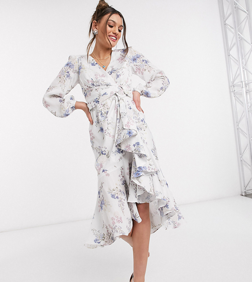 Forever New Petite - Midi-jurk met ruches, riem en bloemenprint-Multi