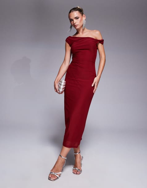 Forever New Petite – Midikleid in Weinrot mit One-Shoulder-Träger - view 1