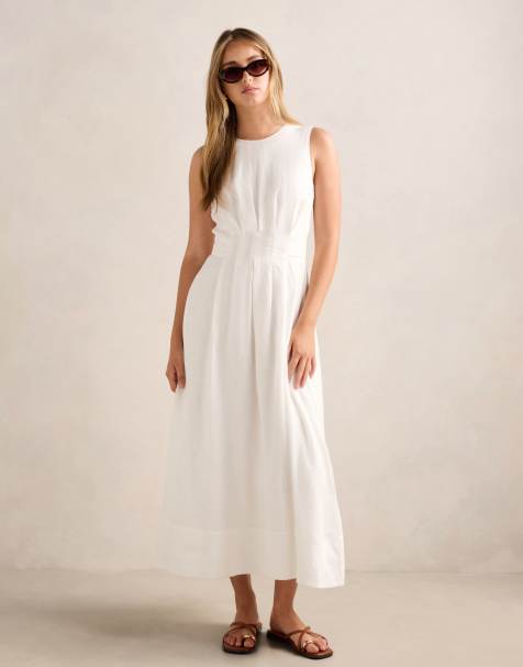 Forever New Petite - Mouwloze linnen midi jurk met V-hals en gestrikte achterkant in wit - view 1