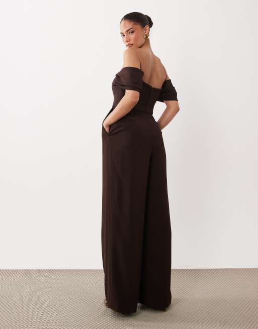 Forever New Petite off shoulder corset detail wide leg jumpsuit in chocolate, 4 of 4