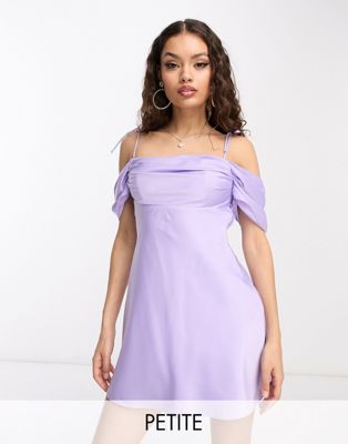 Forever New Petite off shoulder mini dress in lilac satin-Purple