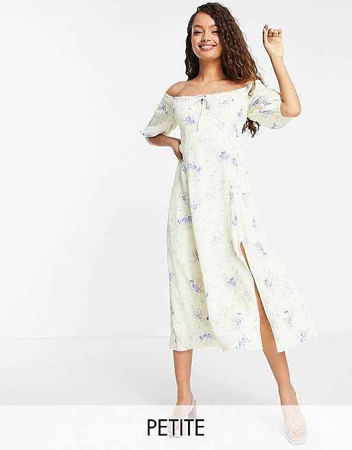 Forever New Petite off shoulder tea midi dress in ditsy yellow floral