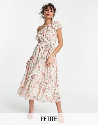 Forever New Petite one shoulder ruffle tie waist midi dress in blush floral