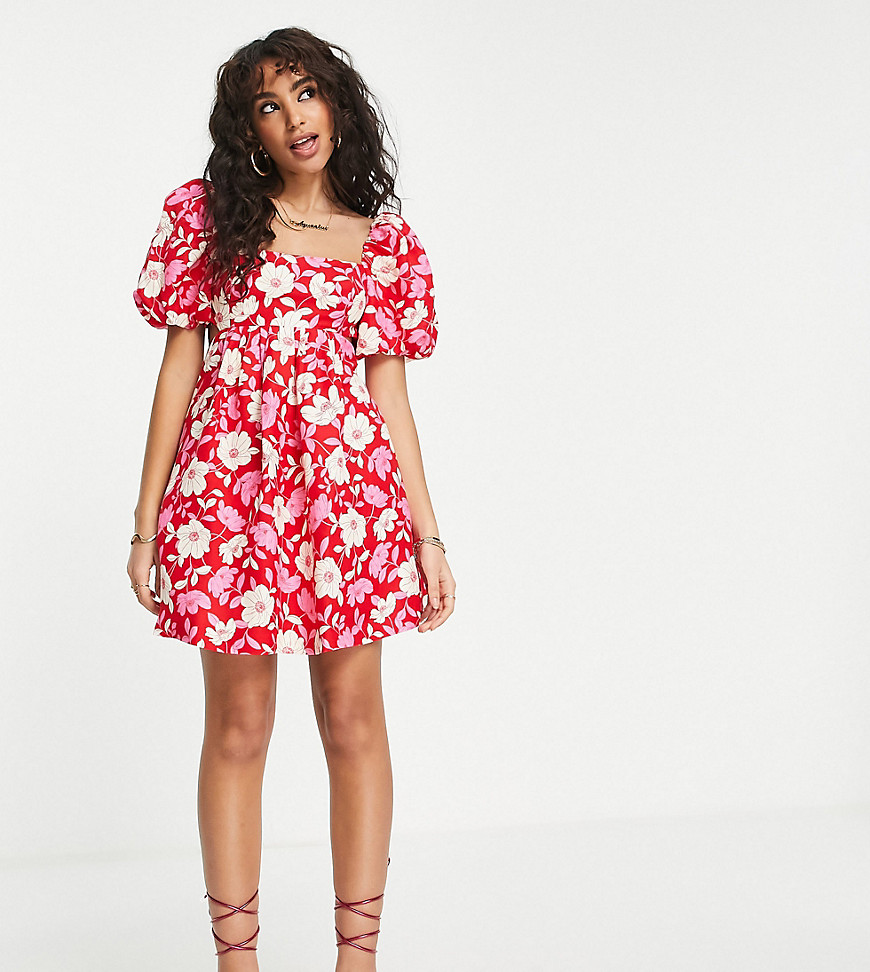 Forever New Petite Open-Back Puff Sleeve Mini Dress In Red Floral