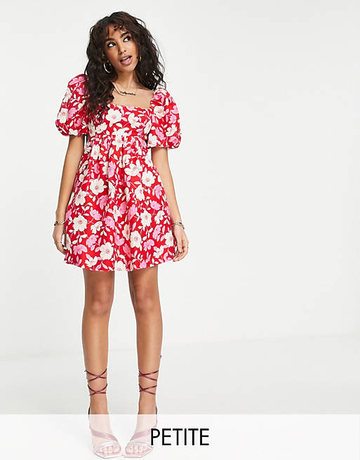 Forever New Petite open back puff sleeve mini dress in red floral