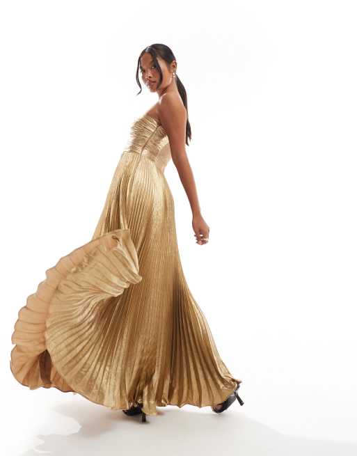 Forever New Petite pleated metallic maxi dress in gold, 3 of 4