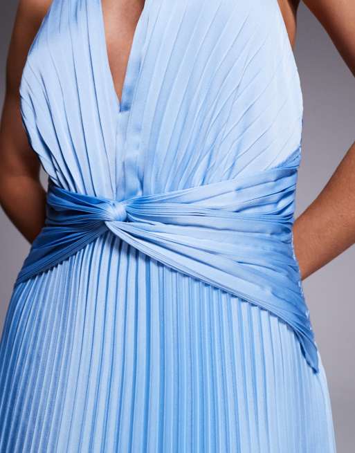 Forever New Petite pleated satin halter maxi dress in blue, 4 of 4