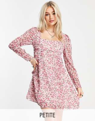 Forever New Petite Forever New Petite puff shoulder square neck mini dress in fuchsia ditsy floral-Multi