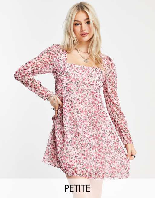 Forever New Petite puff shoulder square neck mini dress in fuchsia ditsy floral