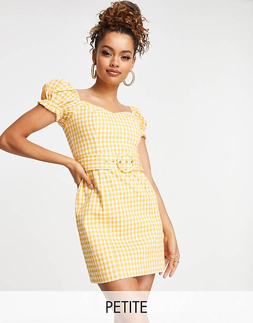 Forever New Petite puff sleeve belted mini dress in amber gingham