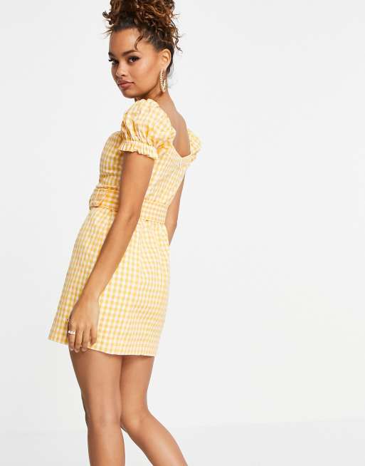 Forever New Petite puff sleeve belted mini dress in amber gingham, 2 of 4