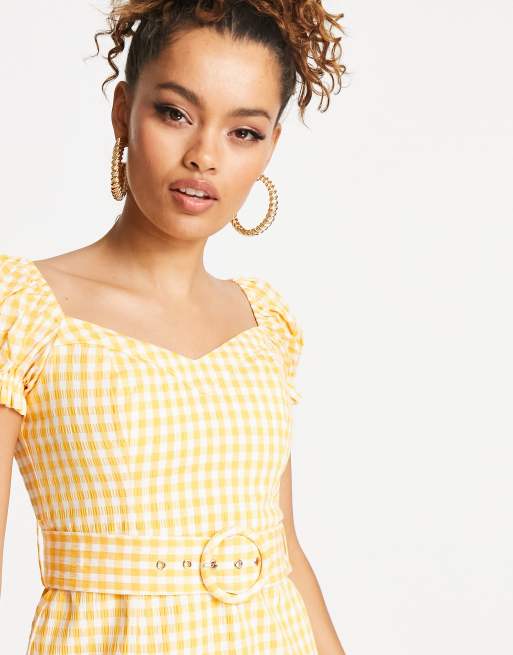 Forever New Petite puff sleeve belted mini dress in amber gingham, 3 of 4