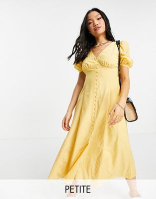 Forever New Petite puff sleeve button down midi dress in yellow