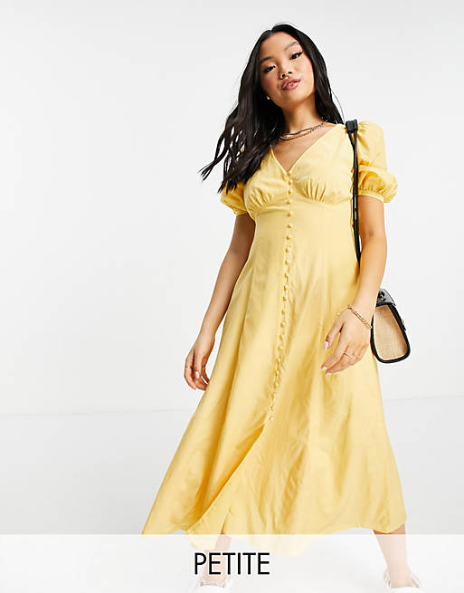 Forever New Petite puff sleeve button down midi dress in yellow | ASOS