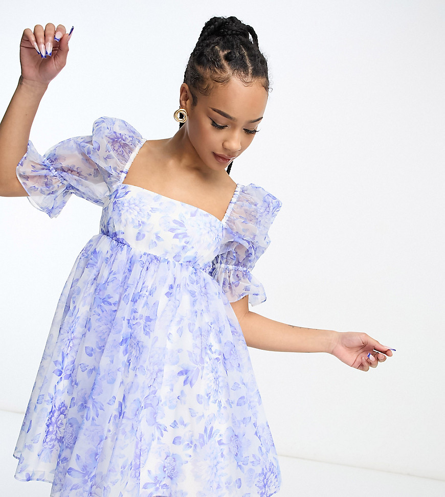 Forever New Petite puff sleeve organza mini dress in blue floral