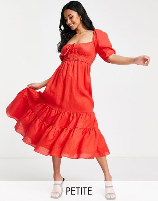 Forever New Petite puff sleeve tiered midi dress in red | ASOS