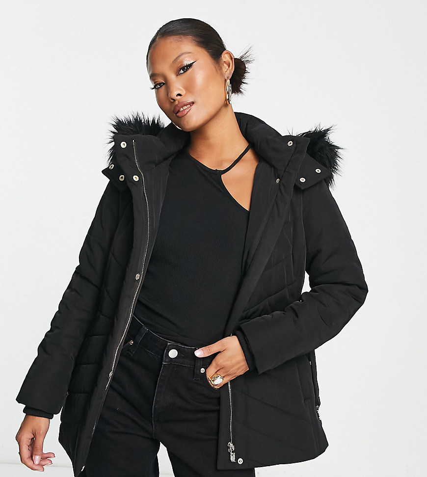 Forever New Petite quilted longline jacket with belt in black
