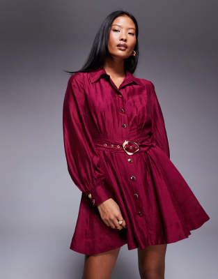 Petite - Robe chemise courte à surpiqûres et ceinture - Rouge foncé 32