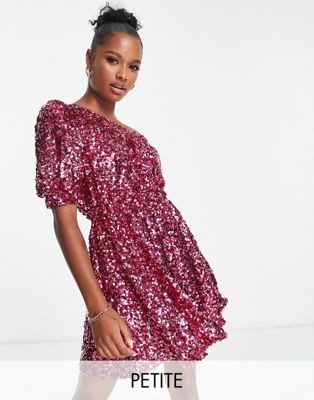 Forever New Petite one shoulder puff sleeve sequin mini dress in pink - ASOS Price Checker