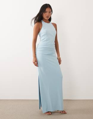 Robe longue à dos nu et taille drapée - Bleu clair 42
