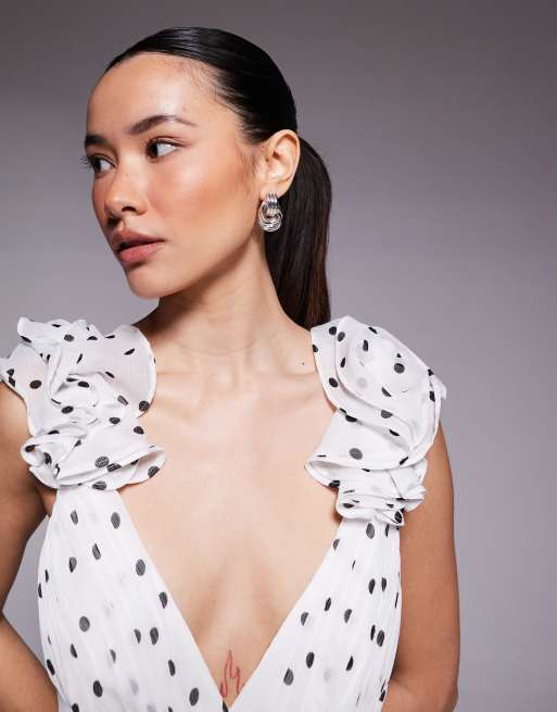 Forever New Petite - Robe longue à pois avec bretelles à volants - Blanc, 4 de 4