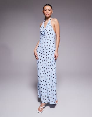 Robe longue à pois et col bénitier - Bleu 34