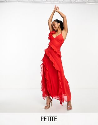 Forever New Petite asymmetric ruffle rosette maxi dress in red - ASOS Price Checker