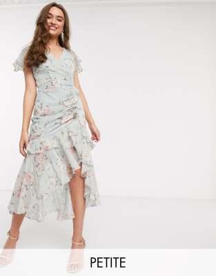 Forever New Petite ruched midi dress in soft mint floral-Pink