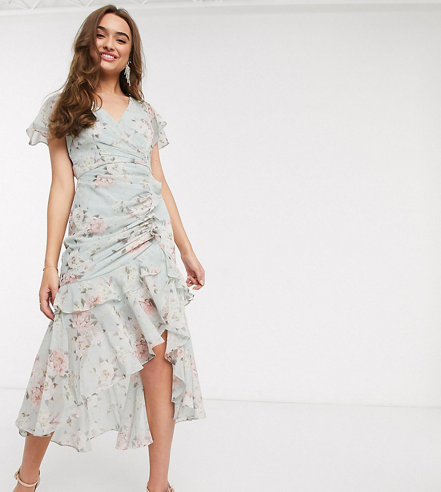Forever New Petite ruched midi dress in soft mint floral-Pink