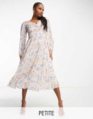 Forever New Petite ruched pleated midaxi dress in blue floral - ASOS Price Checker