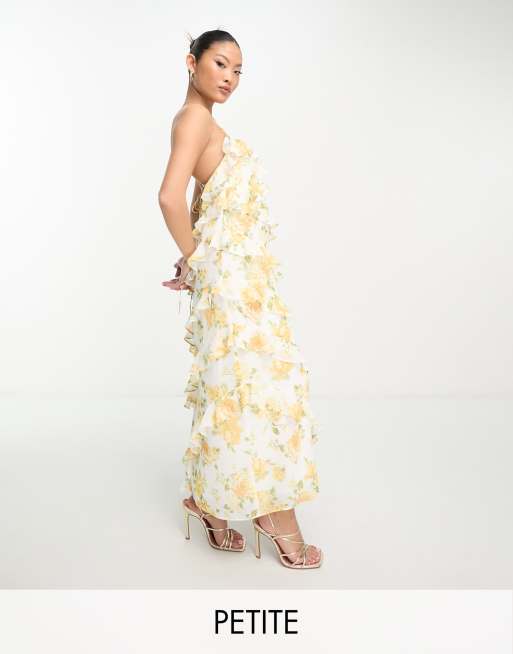 Mustard yellow floral printed ruffle dress by Athira Designs