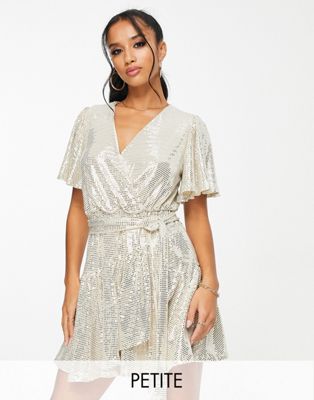 Forever New Petite ruffle wrap sequin mini dress in silver